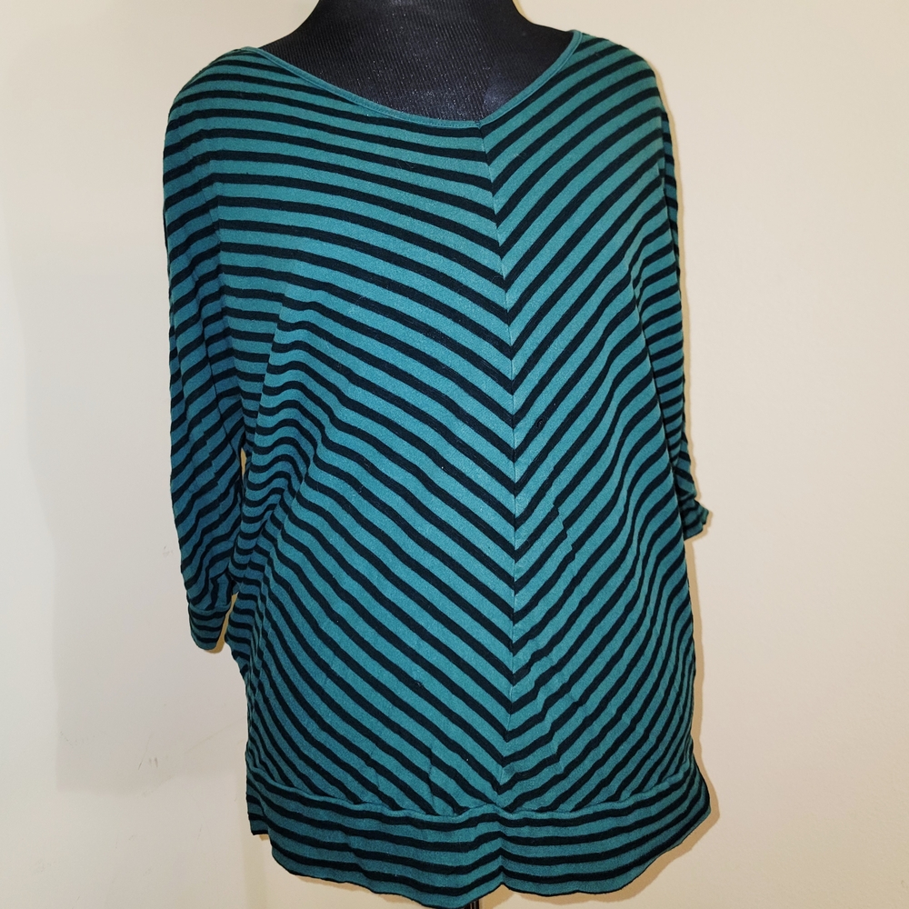 *All Tops: 5 for $25* Lane Bryant Green & Black Striped Blouse w Dolman Sleeves